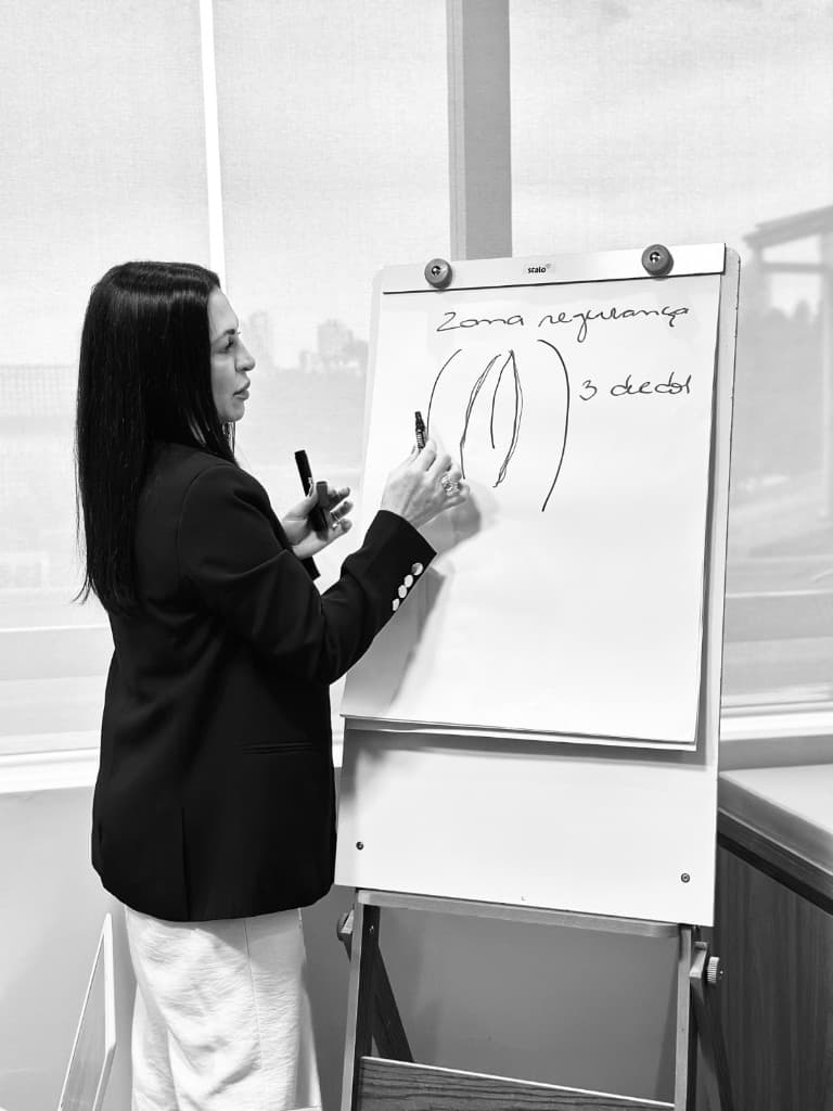 Dra. Caroline explicando zona de segurança e planejamento em flipchart